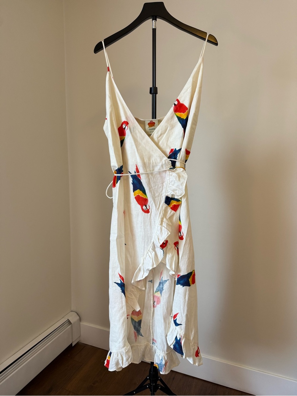 FARM Rio White Wrap Midi Dress with Red, Blue & Yellow Parrot Print